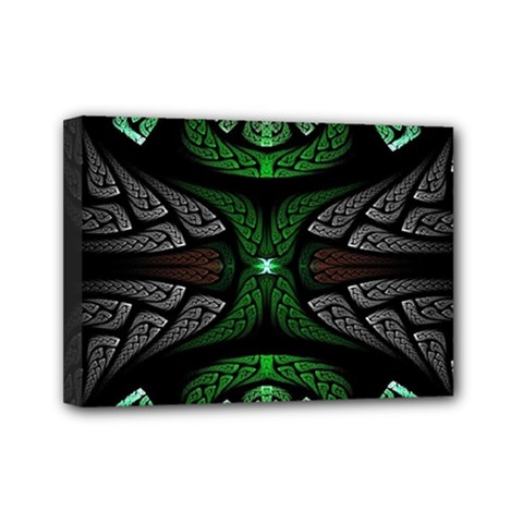 Fractal Green Black 3d Art Floral Pattern Mini Canvas 7  X 5  (stretched) by Cemarart