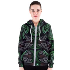 Fractal Green Black 3d Art Floral Pattern Women s Zipper Hoodie