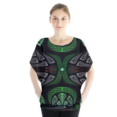 Fractal Green Black 3d Art Floral Pattern Batwing Chiffon Blouse by Cemarart