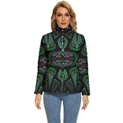 Fractal Green Black 3d Art Floral Pattern Women s Puffer Bubble Jacket Coat by Cemarart