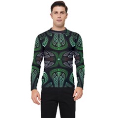 Fractal Green Black 3d Art Floral Pattern Men s Long Sleeve Rash Guard by Cemarart