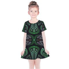 Fractal Green Black 3d Art Floral Pattern Kids  Simple Cotton Dress by Cemarart