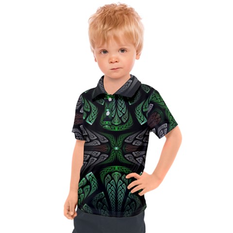 Fractal Green Black 3d Art Floral Pattern Kids  Polo T-shirt by Cemarart