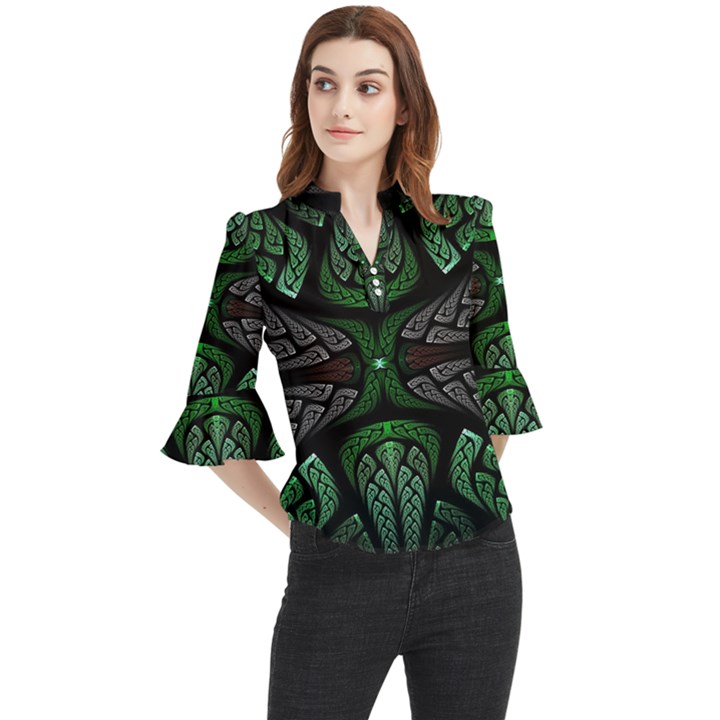 Fractal Green Black 3d Art Floral Pattern Loose Horn Sleeve Chiffon Blouse