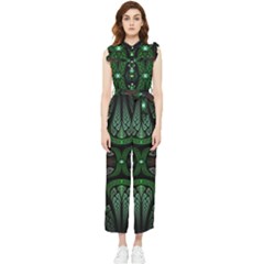 Fractal Green Black 3d Art Floral Pattern Women s Frill Top Chiffon Jumpsuit by Cemarart