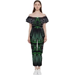 Fractal Green Black 3d Art Floral Pattern Bardot Ruffle Jumpsuit by Cemarart