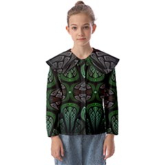 Fractal Green Black 3d Art Floral Pattern Kids  Peter Pan Collar Blouse by Cemarart