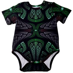 Fractal Green Black 3d Art Floral Pattern Baby Short Sleeve Bodysuit by Cemarart