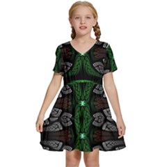 Fractal Green Black 3d Art Floral Pattern Kids  Short Sleeve Tiered Mini Dress by Cemarart