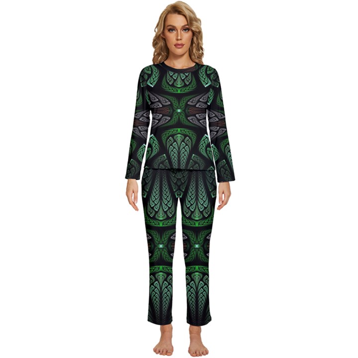 Fractal Green Black 3d Art Floral Pattern Womens  Long Sleeve Lightweight Pajamas Set