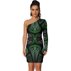 Fractal Green Black 3d Art Floral Pattern Long Sleeve One Shoulder Mini Dress by Cemarart