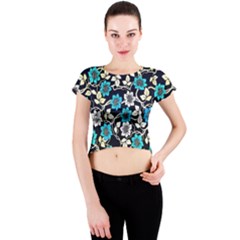 Blue Flower Floral Flora Naure Pattern Crew Neck Crop Top by Cemarart