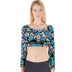 Blue Flower Floral Flora Naure Pattern Long Sleeve Crop Top by Cemarart