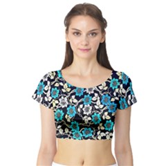 Blue Flower Floral Flora Naure Pattern Short Sleeve Crop Top by Cemarart