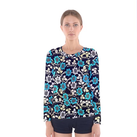 Blue Flower Floral Flora Naure Pattern Women s Long Sleeve T-shirt by Cemarart