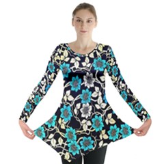 Blue Flower Floral Flora Naure Pattern Long Sleeve Tunic  by Cemarart