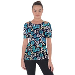 Blue Flower Floral Flora Naure Pattern Shoulder Cut Out Short Sleeve Top by Cemarart