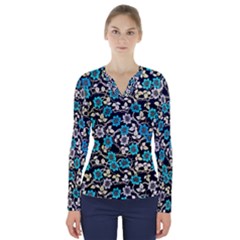 Blue Flower Floral Flora Naure Pattern V-neck Long Sleeve Top by Cemarart