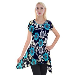 Blue Flower Floral Flora Naure Pattern Short Sleeve Side Drop Tunic by Cemarart