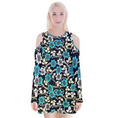 Blue Flower Floral Flora Naure Pattern Velvet Long Sleeve Shoulder Cutout Dress by Cemarart