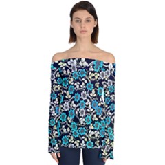 Blue Flower Floral Flora Naure Pattern Off Shoulder Long Sleeve Top by Cemarart