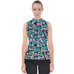 Blue Flower Floral Flora Naure Pattern Mock Neck Shell Top by Cemarart