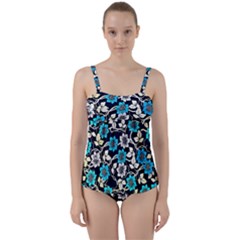 Blue Flower Floral Flora Naure Pattern Twist Front Tankini Set by Cemarart