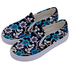 Blue Flower Floral Flora Naure Pattern Kids  Canvas Slip Ons by Cemarart