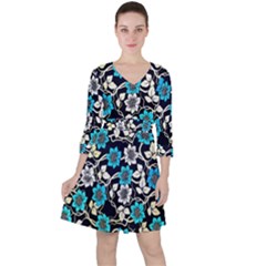 Blue Flower Floral Flora Naure Pattern Quarter Sleeve Ruffle Waist Dress by Cemarart