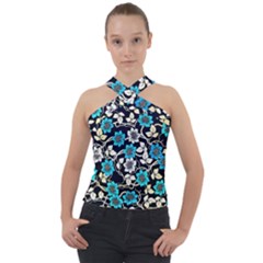 Blue Flower Floral Flora Naure Pattern Cross Neck Velour Top by Cemarart