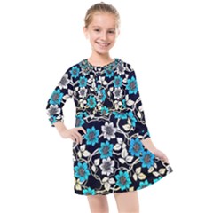 Blue Flower Floral Flora Naure Pattern Kids  Quarter Sleeve Shirt Dress by Cemarart