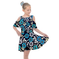 Blue Flower Floral Flora Naure Pattern Kids  Shoulder Cutout Chiffon Dress by Cemarart