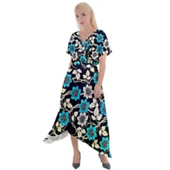 Blue Flower Floral Flora Naure Pattern Cross Front Sharkbite Hem Maxi Dress by Cemarart