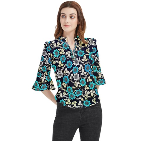 Blue Flower Floral Flora Naure Pattern Loose Horn Sleeve Chiffon Blouse by Cemarart