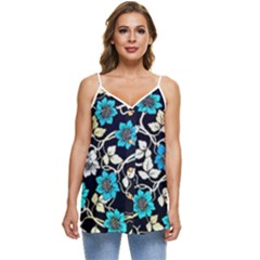 Blue Flower Floral Flora Naure Pattern Casual Spaghetti Strap Chiffon Top by Cemarart