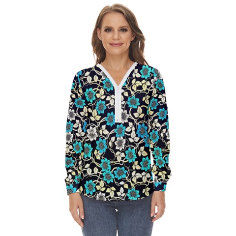 Blue Flower Floral Flora Naure Pattern Zip Up Long Sleeve Blouse by Cemarart