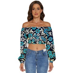 Blue Flower Floral Flora Naure Pattern Long Sleeve Crinkled Weave Crop Top by Cemarart