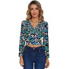 Blue Flower Floral Flora Naure Pattern Long Sleeve V-neck Top by Cemarart