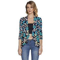 Blue Flower Floral Flora Naure Pattern Women s 3/4 Sleeve Ruffle Edge Open Front Jacket by Cemarart