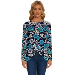 Blue Flower Floral Flora Naure Pattern Long Sleeve Crew Neck Pullover Top by Cemarart