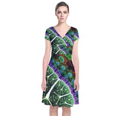 Digital Art Fractal Abstract Artwork 3d Floral Pattern Waves Vortex Sphere Nightmare Short Sleeve Front Wrap Dress by Cemarart