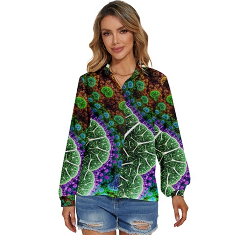 Digital Art Fractal Abstract Artwork 3d Floral Pattern Waves Vortex Sphere Nightmare Women s Long Sleeve Button Up Shirt by Cemarart