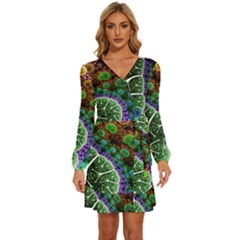 Digital Art Fractal Abstract Artwork 3d Floral Pattern Waves Vortex Sphere Nightmare Long Sleeve Waist Tie Ruffle Velvet Dress by Cemarart