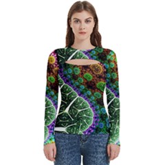 Digital Art Fractal Abstract Artwork 3d Floral Pattern Waves Vortex Sphere Nightmare Women s Cut Out Long Sleeve T-shirt by Cemarart