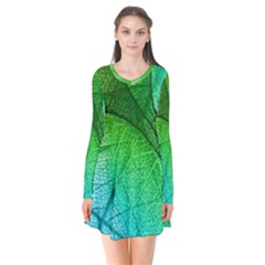 3d Leaves Texture Sheet Blue Green Long Sleeve V-neck Flare Dress by Cemarart