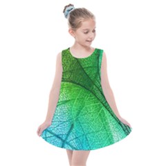 3d Leaves Texture Sheet Blue Green Kids  Summer Dress