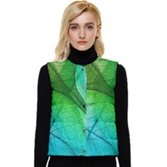 3d Leaves Texture Sheet Blue Green Women s Button Up Puffer Vest by Cemarart