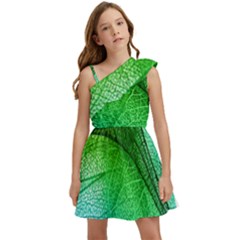 3d Leaves Texture Sheet Blue Green Kids  One Shoulder Party Dress by Cemarart