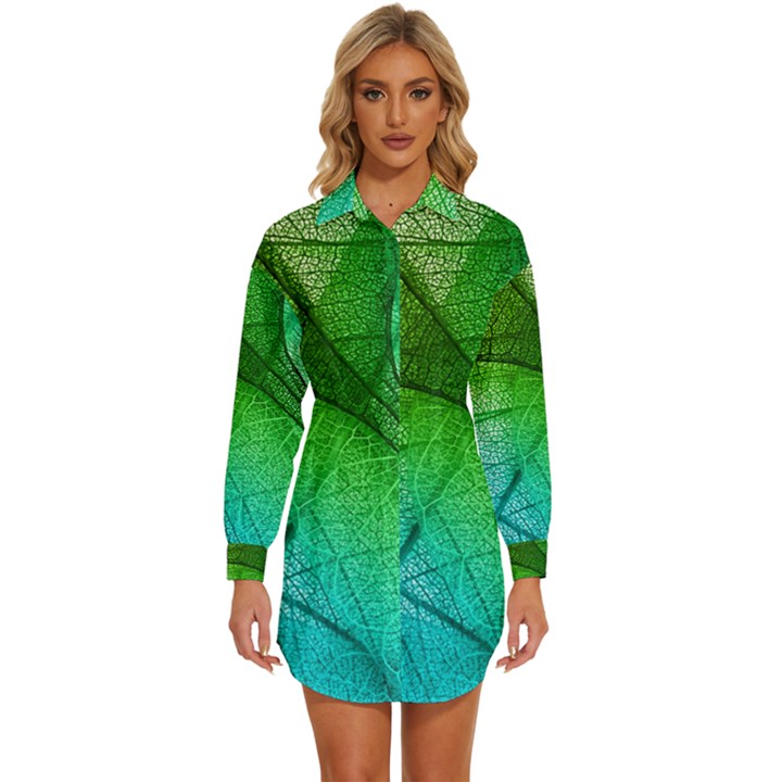 3d Leaves Texture Sheet Blue Green Womens Long Sleeve Shirt Dress