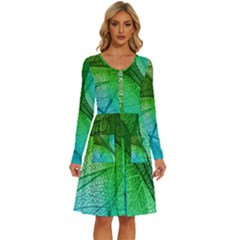 3d Leaves Texture Sheet Blue Green Long Sleeve Dress With Pocket by Cemarart